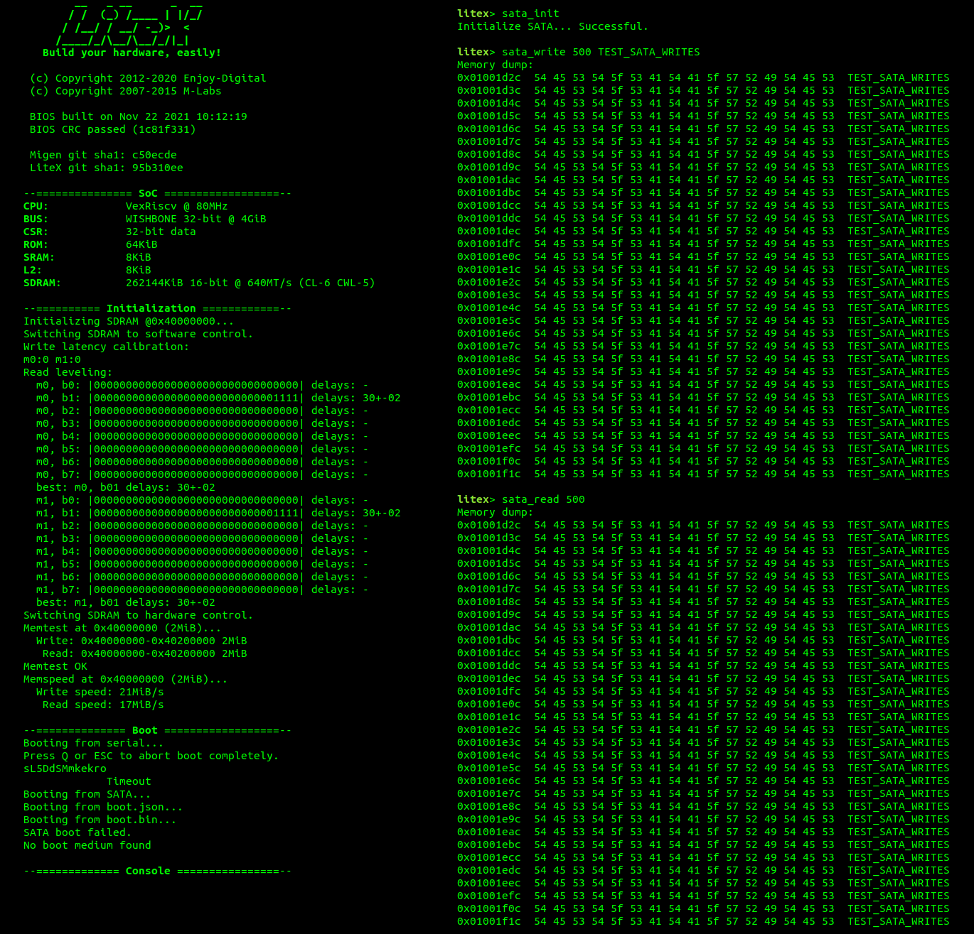 Running LiteSATA with SymbiFlow in console